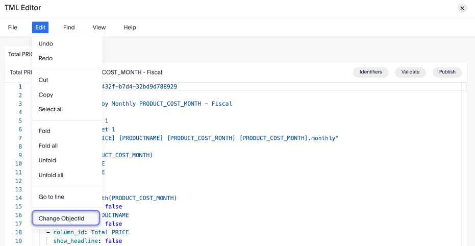 TML editor with the Edit menu selected