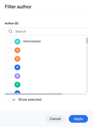 Filter by author modal