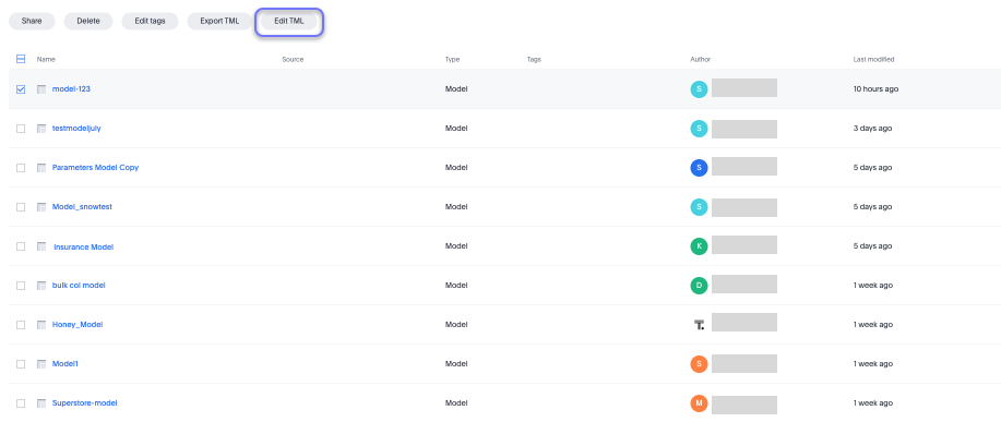 Edit TML - object list page