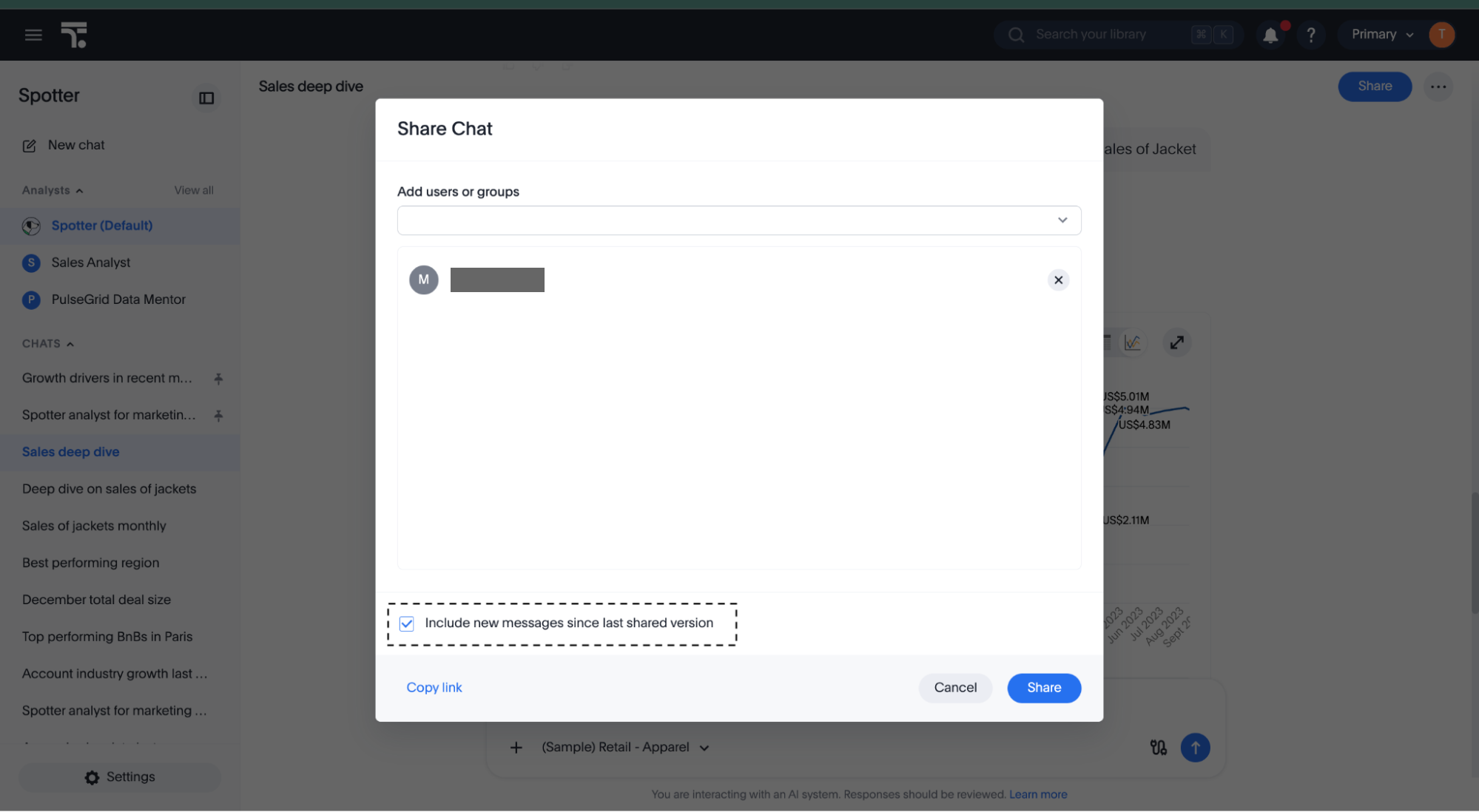 Include new messages since last shared version checkbox