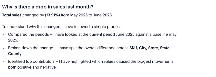 Spotter answers why there was a drop in sales last month.