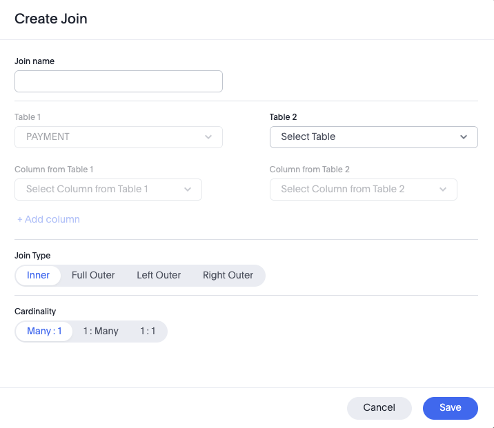 Create join page. There is a 1 next to the "Connection" dropdown. There is a 2 next to the join name.