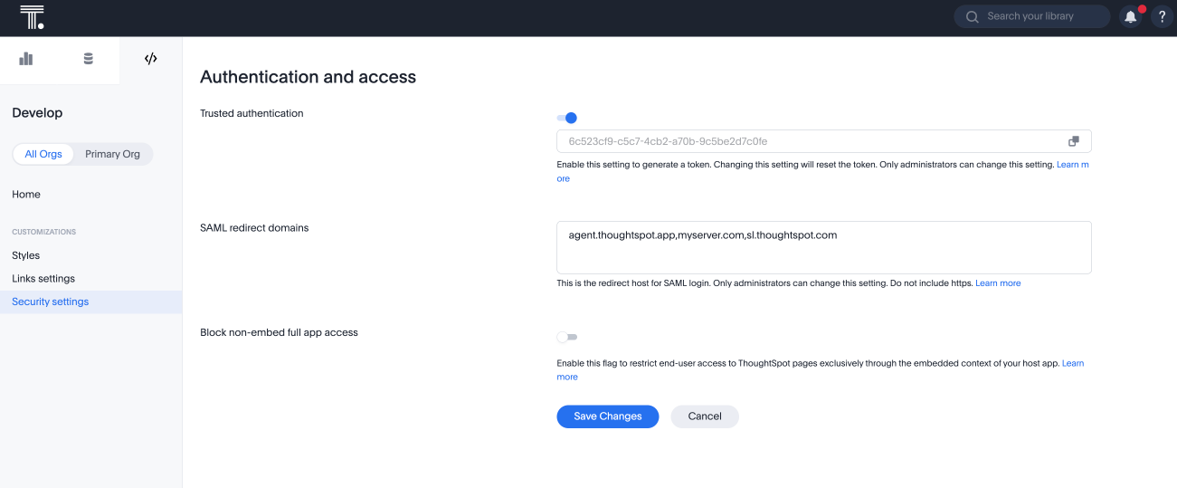 ThoughtSpot Security settings in the Develop tab