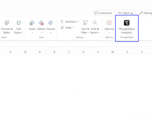 A MS excel sheet displaying the ThoughtSpot plug-in in the top bar