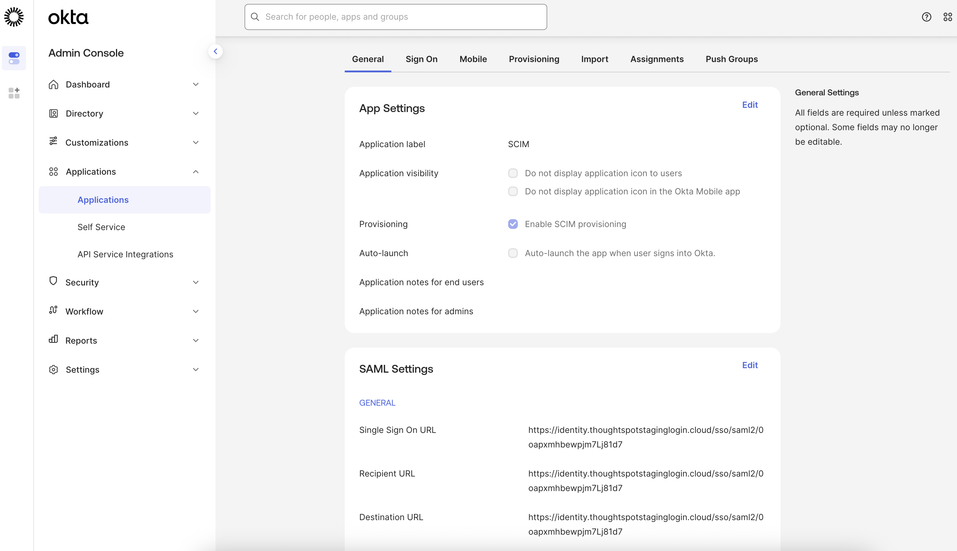 The provisioning option in the Okta interface. Check if the ‘Enable SCIM provisioning’ is checked.