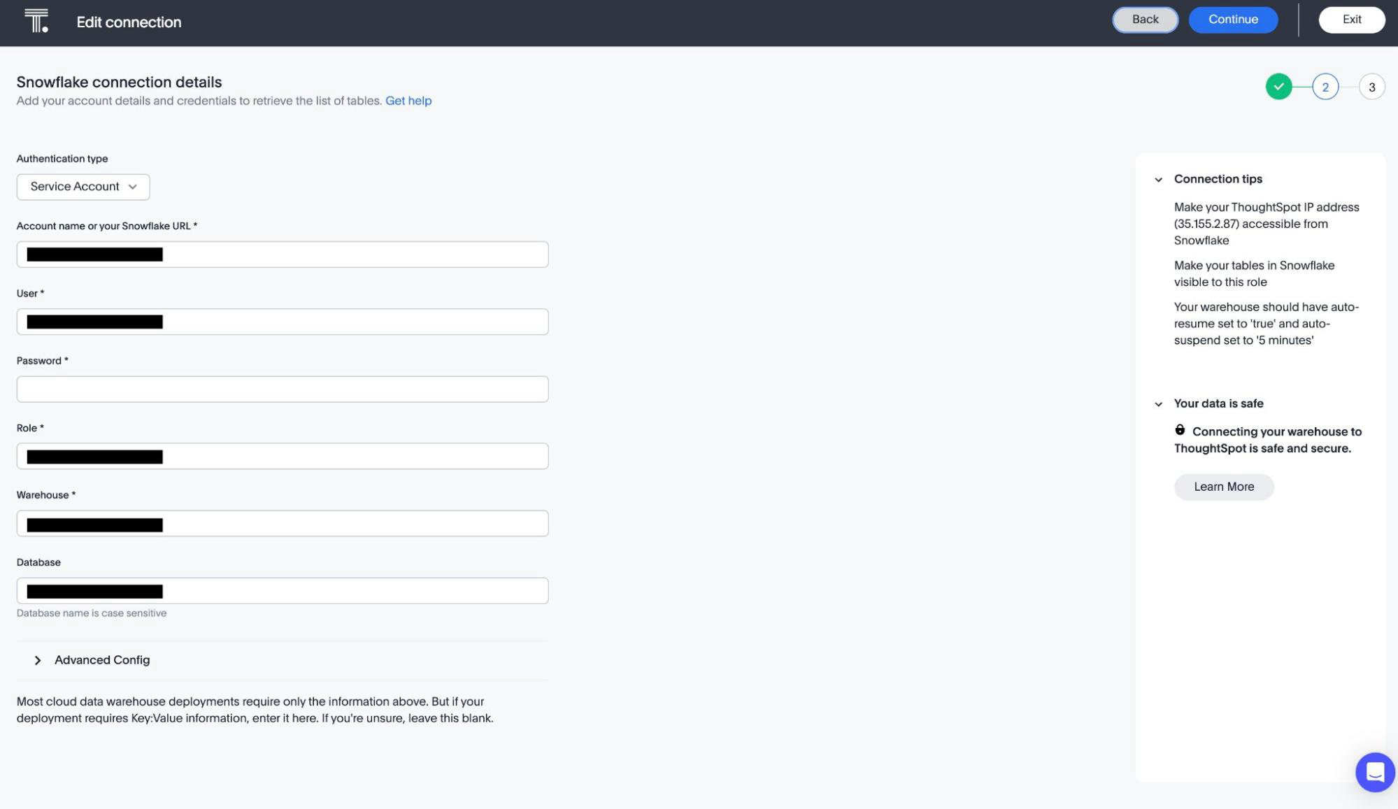 Service Account connection details appear.