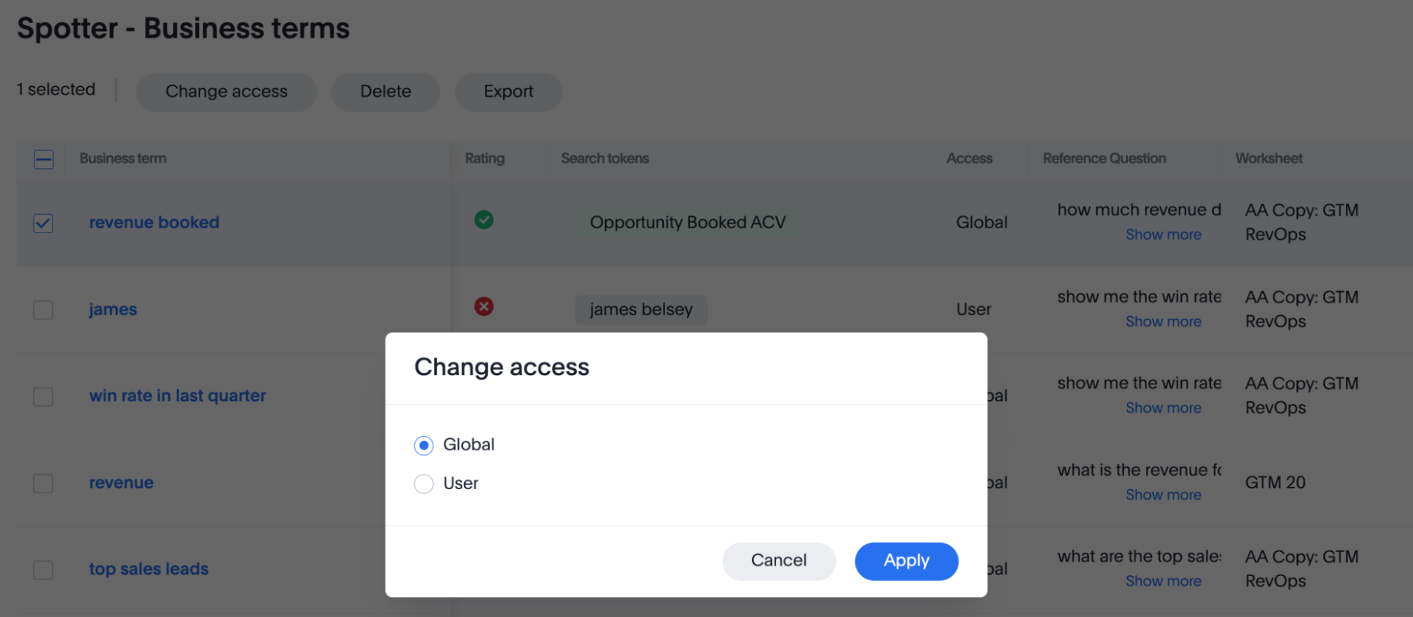 Change business term access modal appears